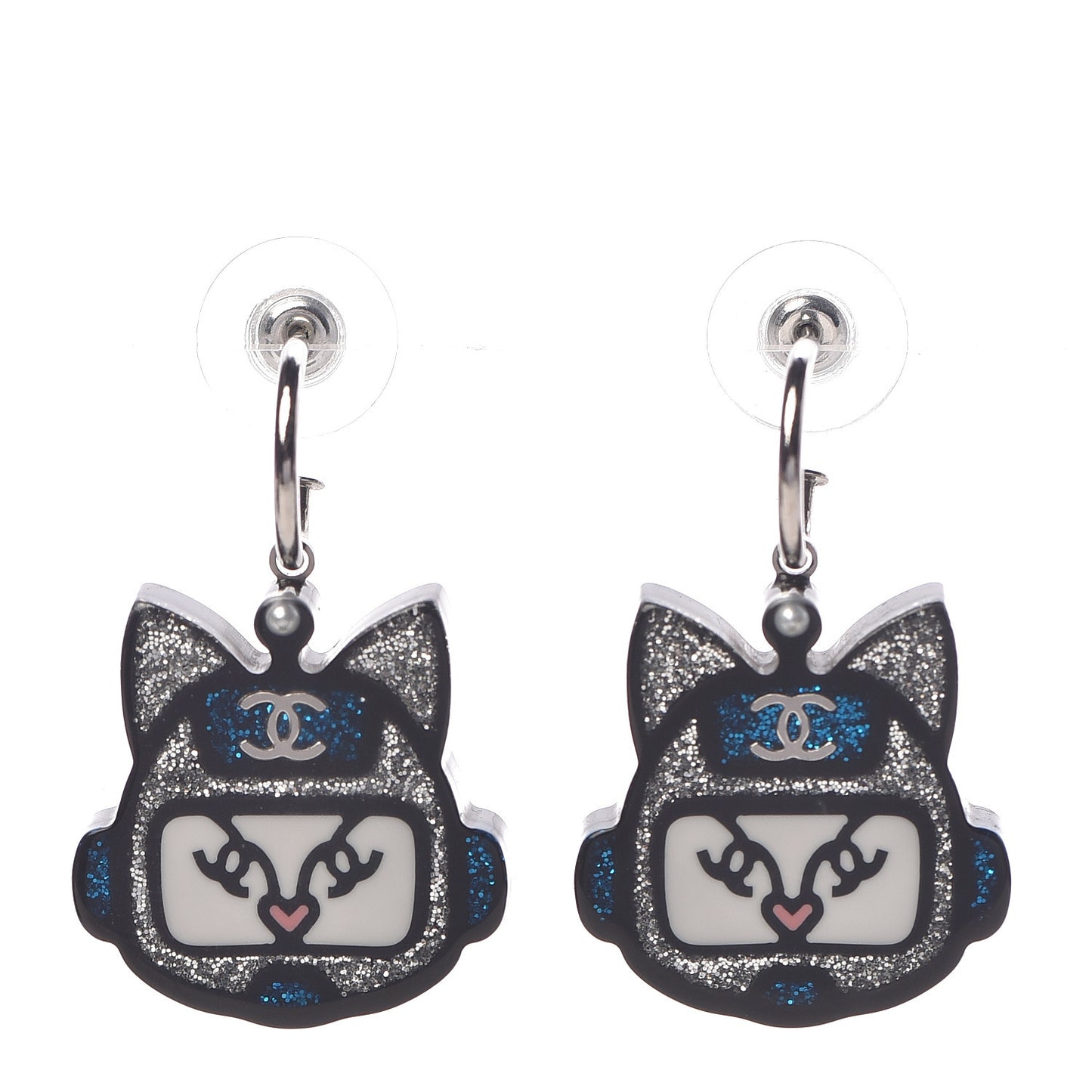 Resin Emoji Robot Cat Dangle Earrings Black Iridescent Grey
