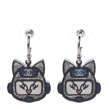 Chanel Resin Emoji Robot Cat Dangle Earrings Black Iridescent Grey 1 of 5