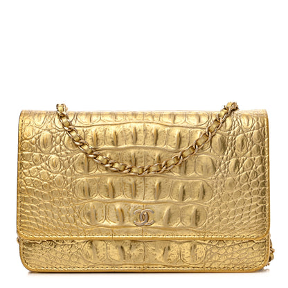 Chanel Metallic Calfskin Crocodile Embossed Cocodile Wallet On Chain WOC Gold 1 of 11