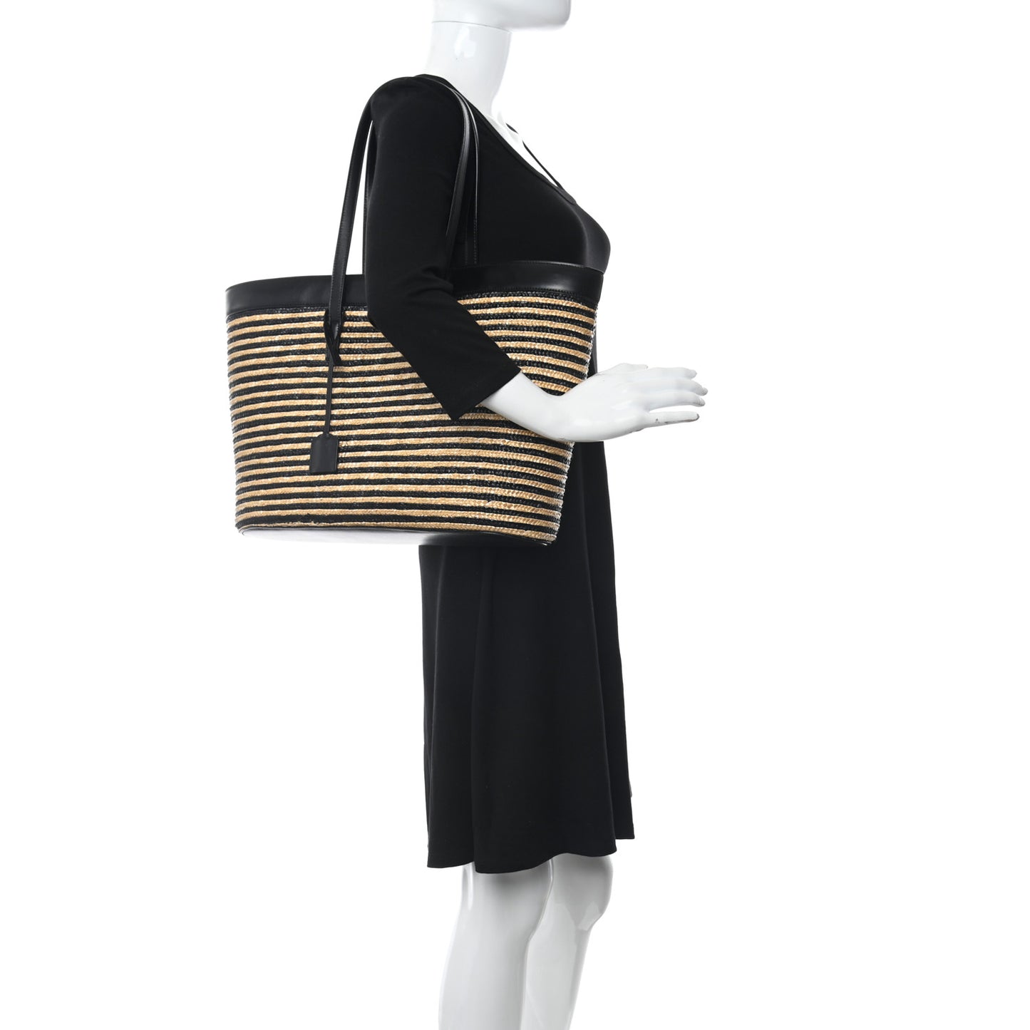 Calfskin Raffia Large Shopping Tote Naturale Black