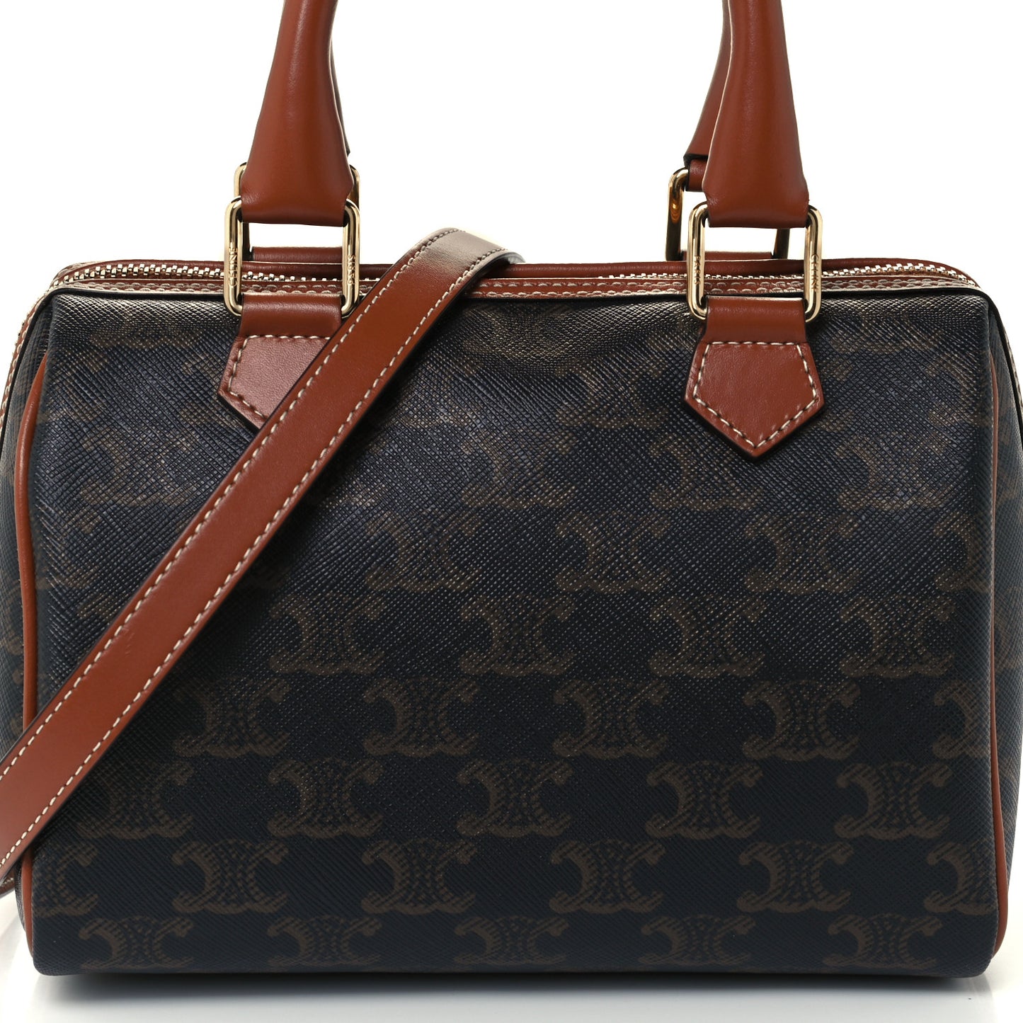 Triomphe Canvas Calfskin Small Boston Bag Tan