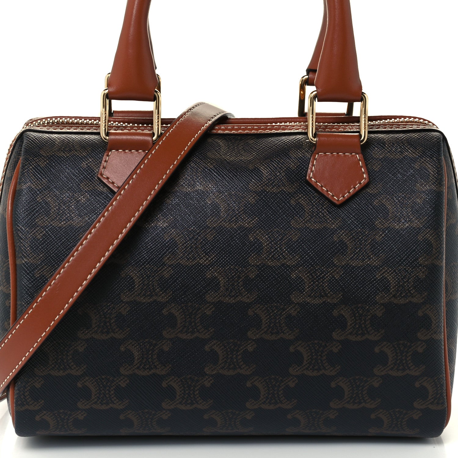 Celine Triomphe Canvas Calfskin Small Boston Bag Tan 9 of 11