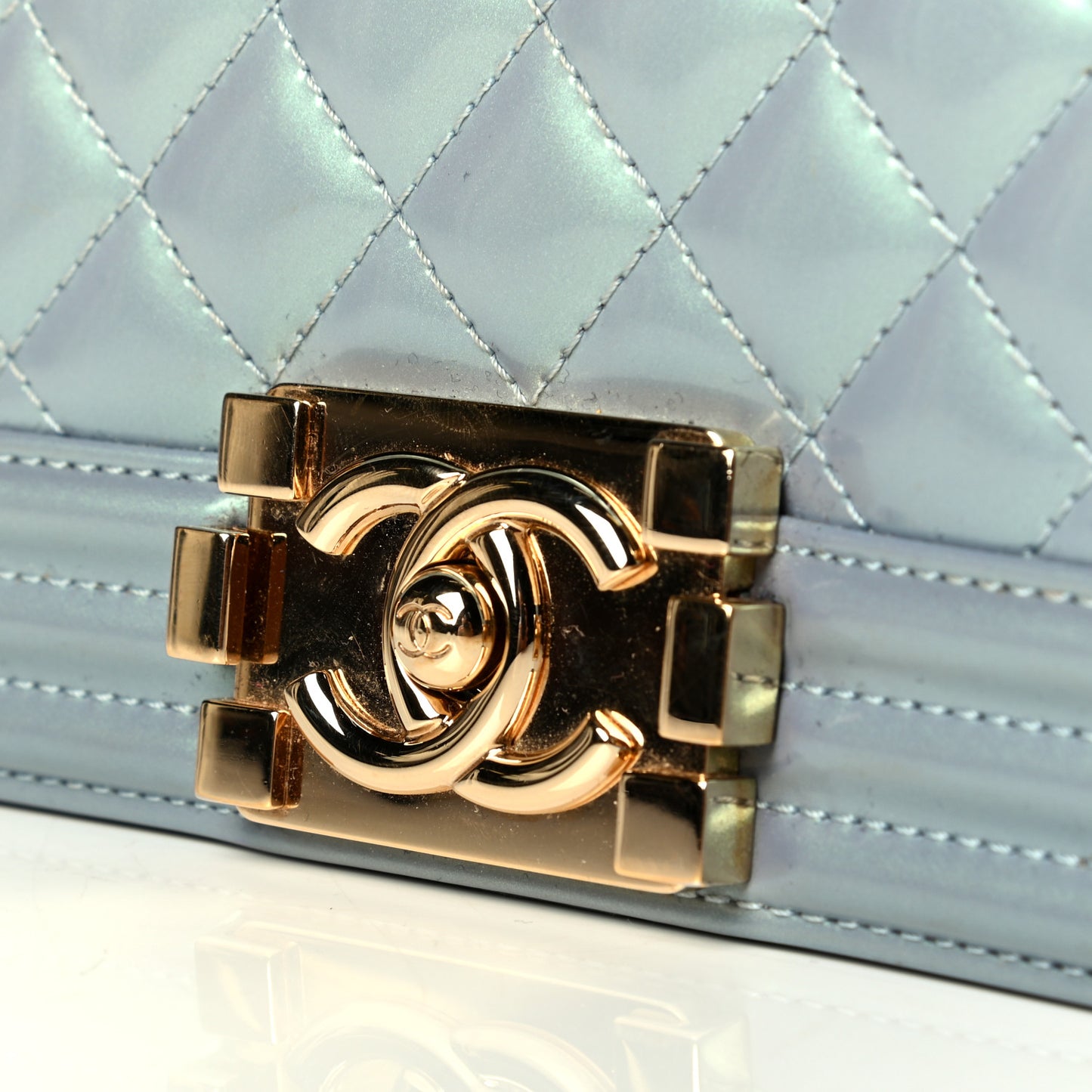 Iridescent Patent Calfskin Quilted Medium Boy Flap Light Blue