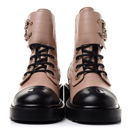 Chanel Shiny Lambskin Quilted Lace Up Combat Boots 38 Beige Black 2 of 12