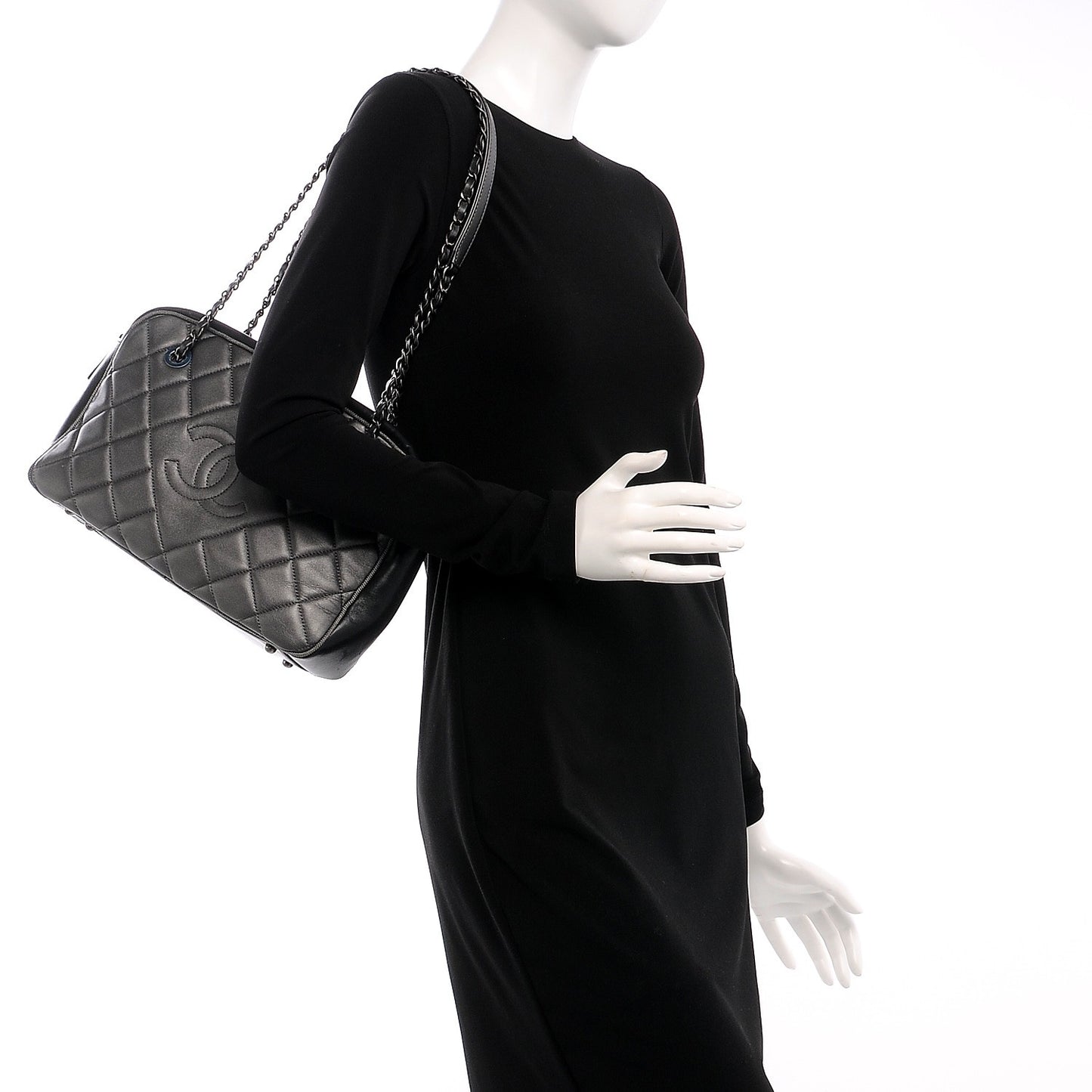 Metallic Calfskin Quilted Large Ballerine Camera Case Dark Grey Black