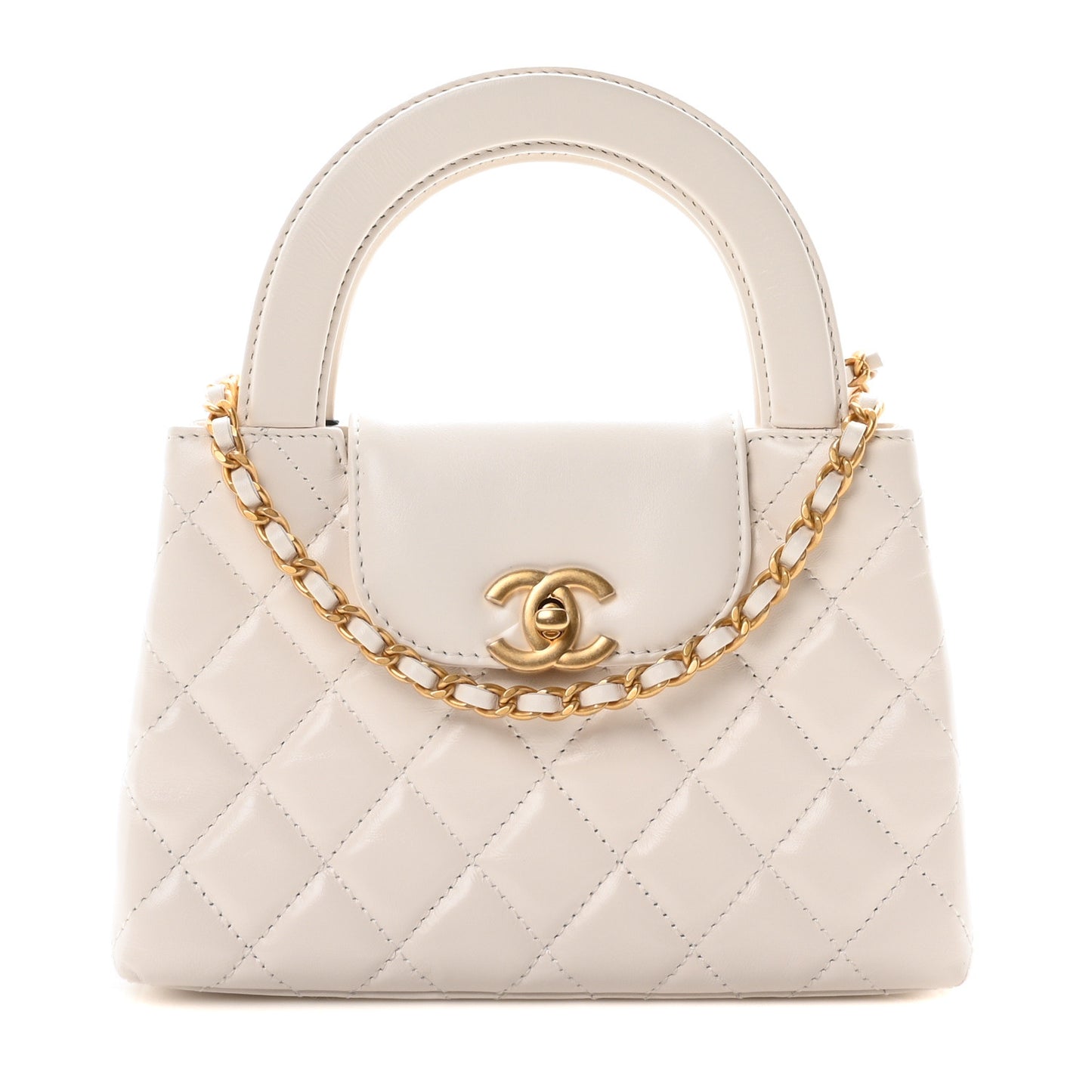 Shiny Aged Calfskin Quilted Nano Kelly Shopper White