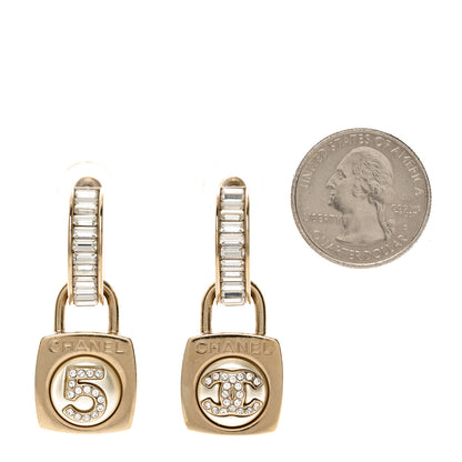 Chanel Pearl Crystal Baguette No 5 Lock Drop Earrings Gold Pearly White 2 of 5