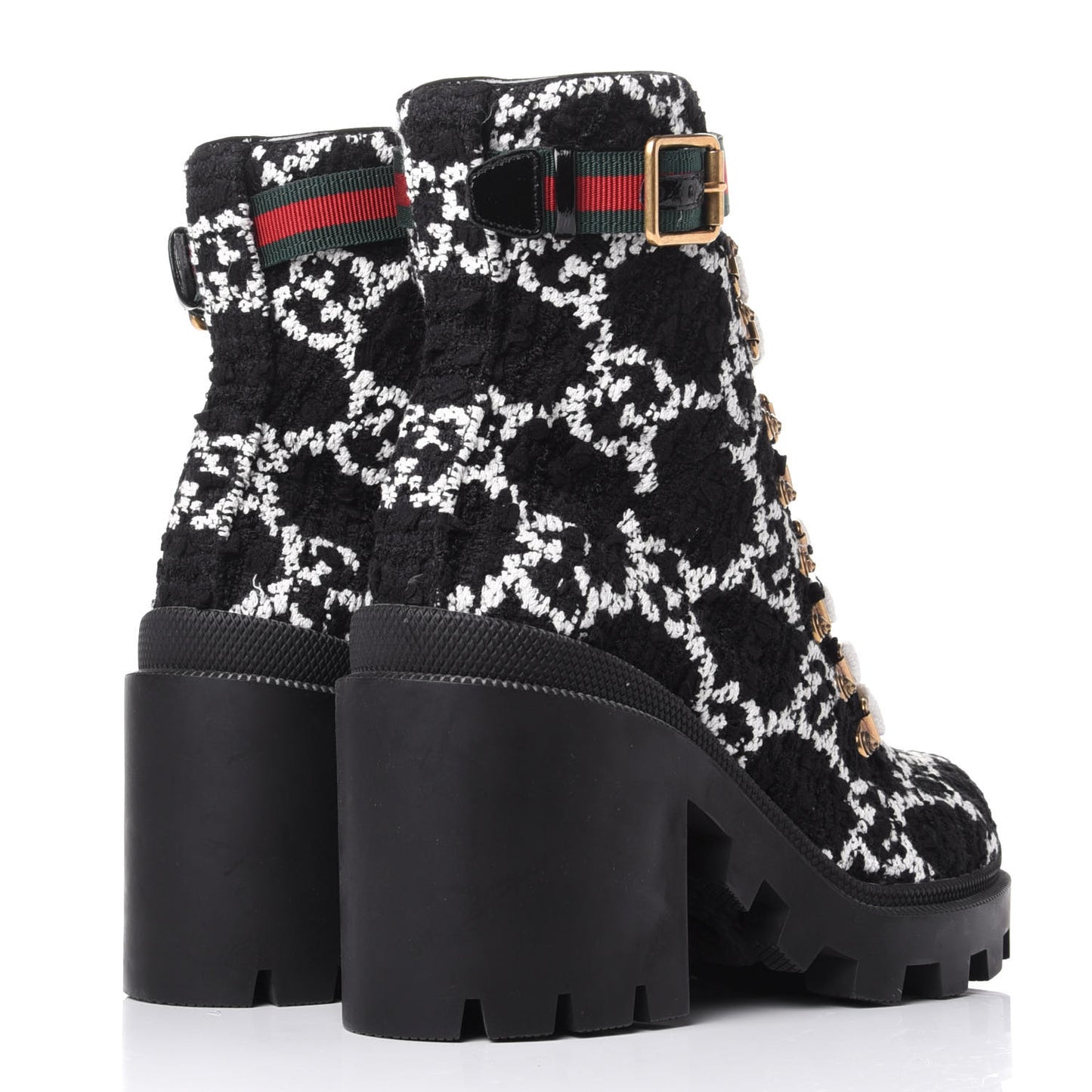 Tweed GG Monogram Lace Up Combat Ankle Boots 36.5 Black