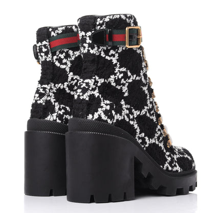 Gucci Tweed GG Monogram Lace Up Combat Ankle Boots 36.5 Black 4 of 11