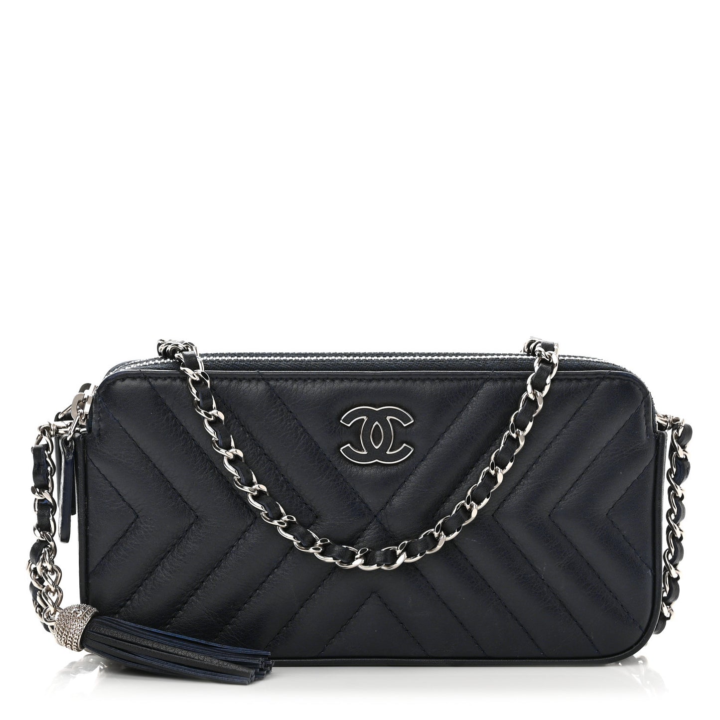 Calfskin Chevron Quilted Tassel Clutch With Chain Navy