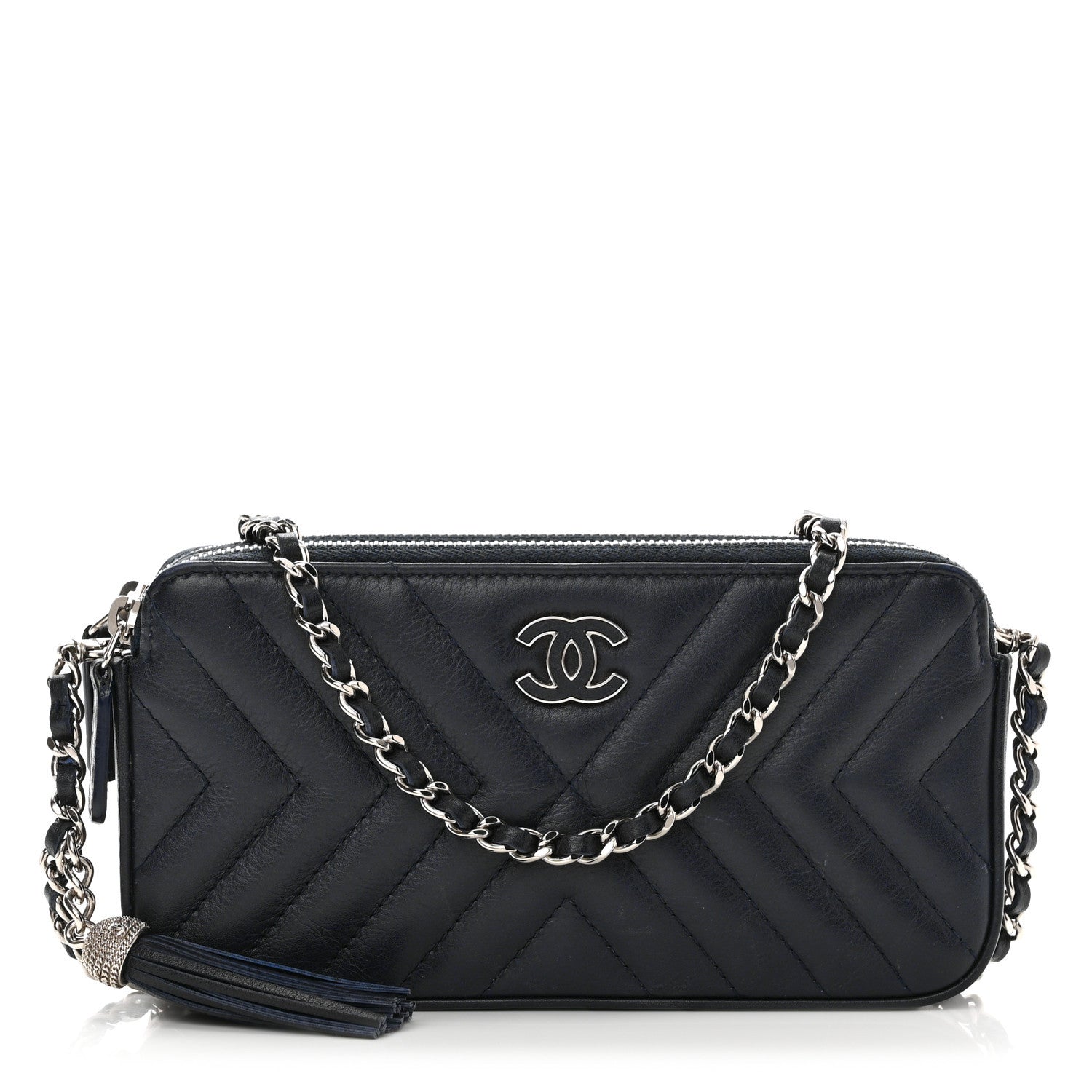 Chanel Calfskin Chevron Quilted Tassel Clutch With Chain Navy 1 of 12