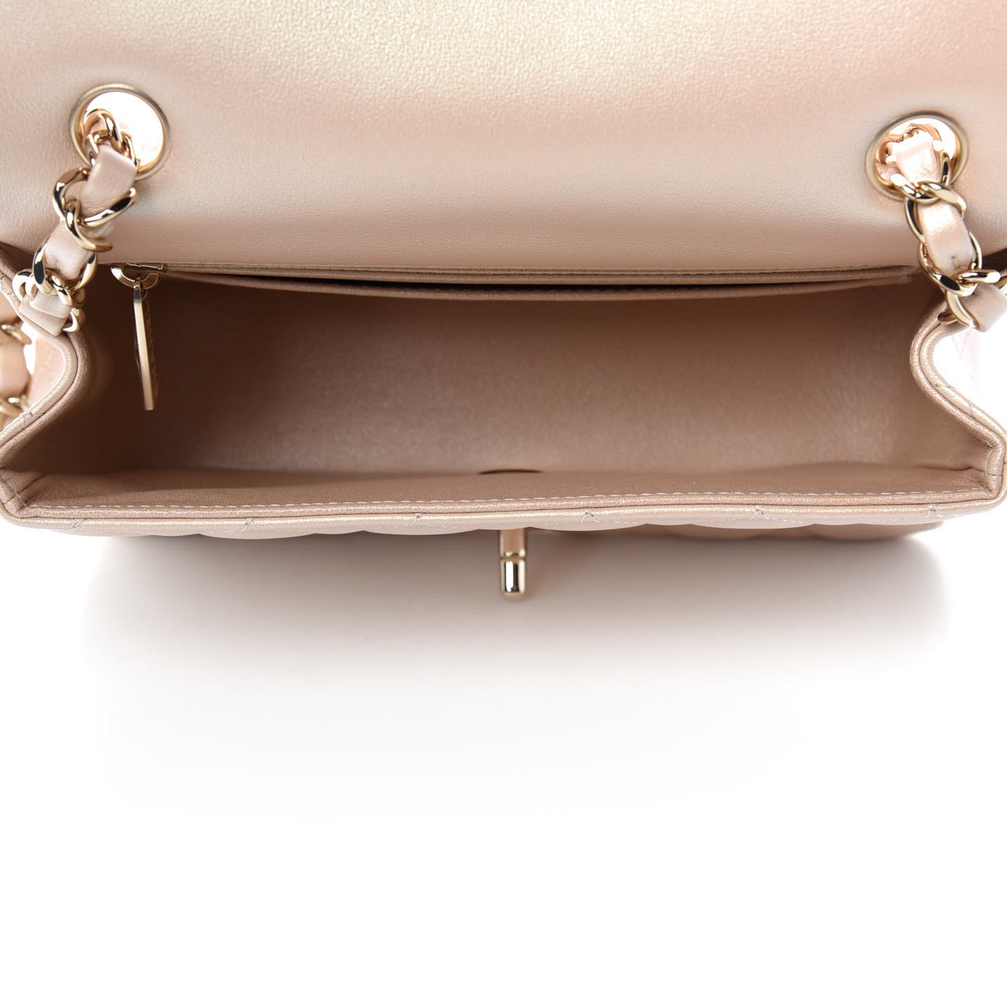 Iridescent Calfskin Quilted Mini Rectangular Flap Beige