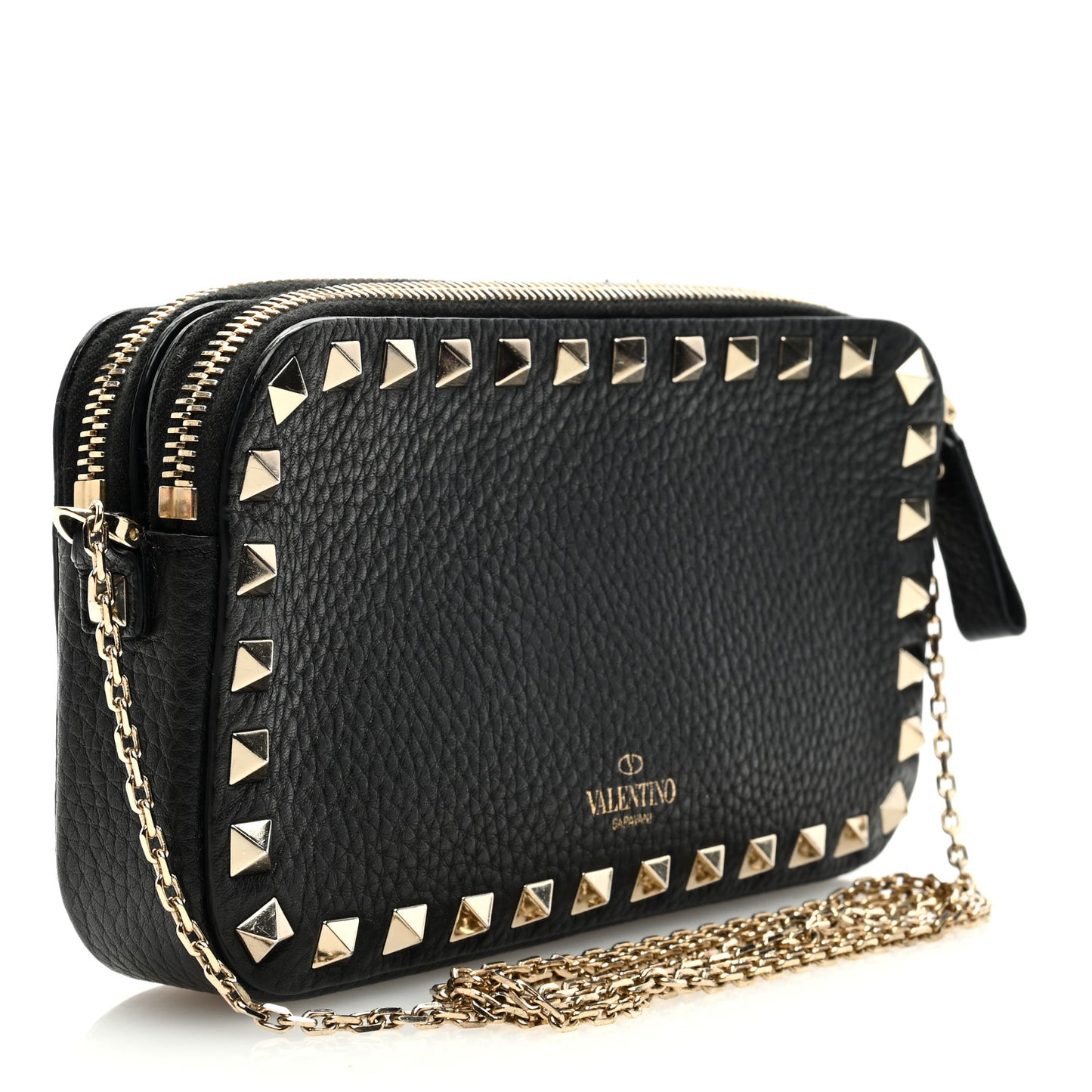 Pebbled Calfskin Rockstud Small Chain Shoulder Bag Black