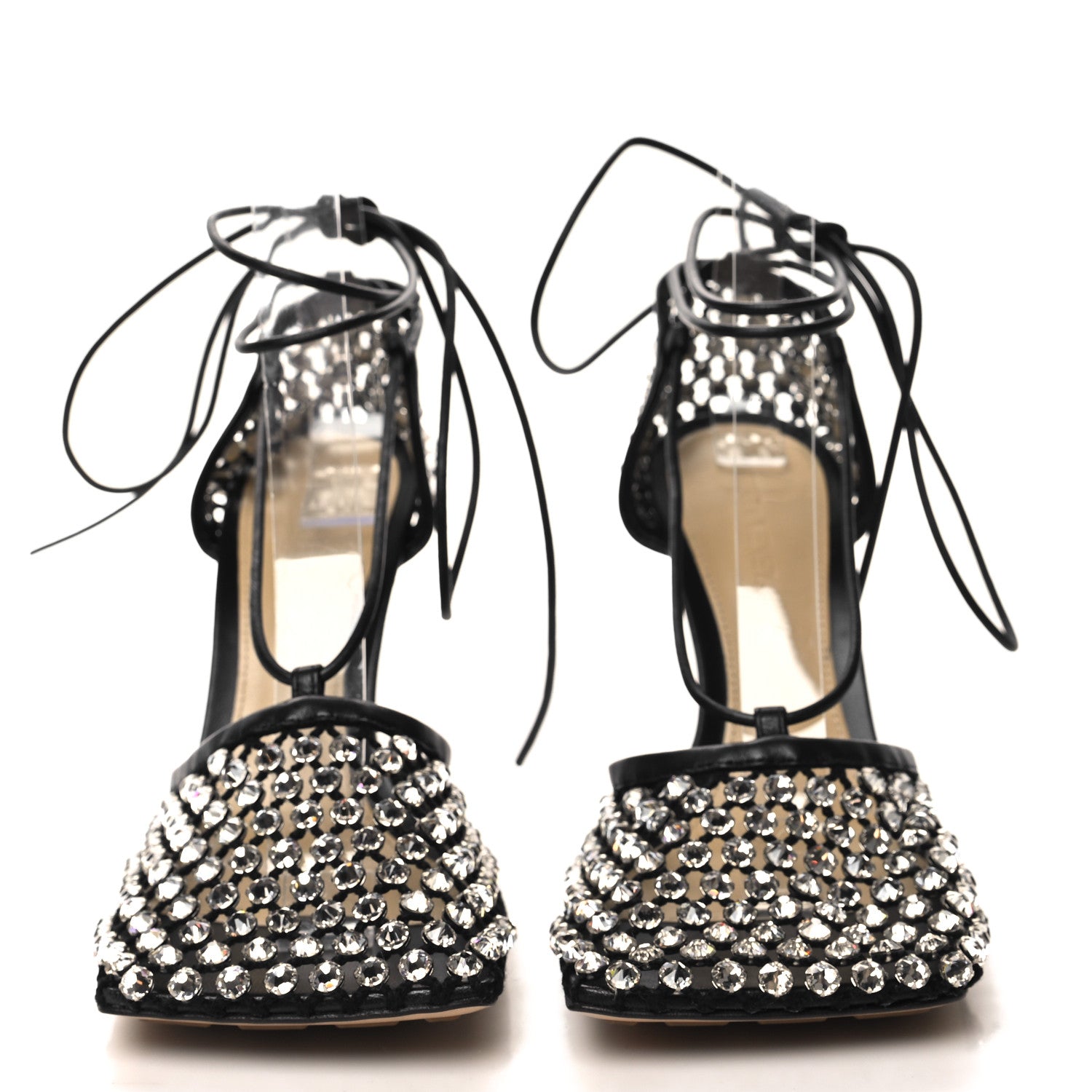 Bottega Veneta Mesh Nappa Crystal Embellished Sparkle Stretch Ankle Tie Sandals 37 Black 2 of 8