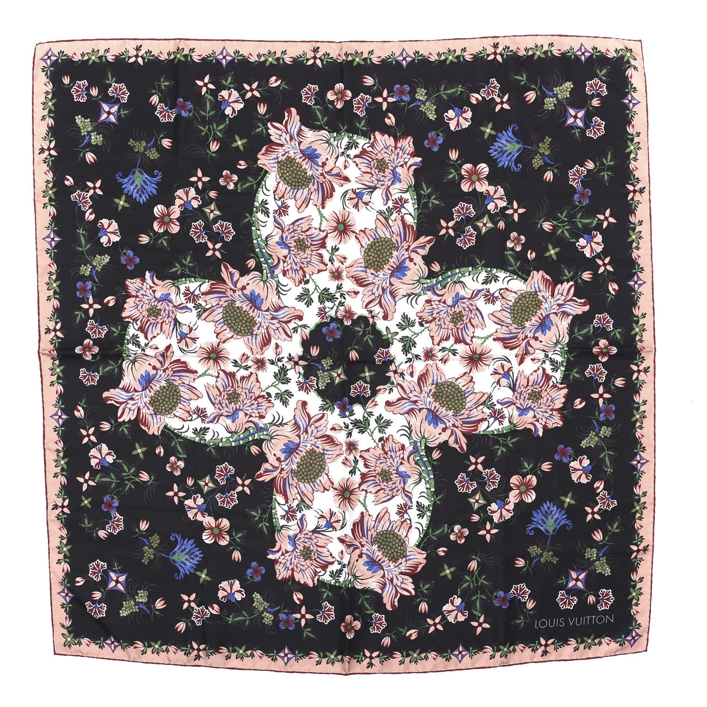 Silk Floral Square Scarf Black Pink