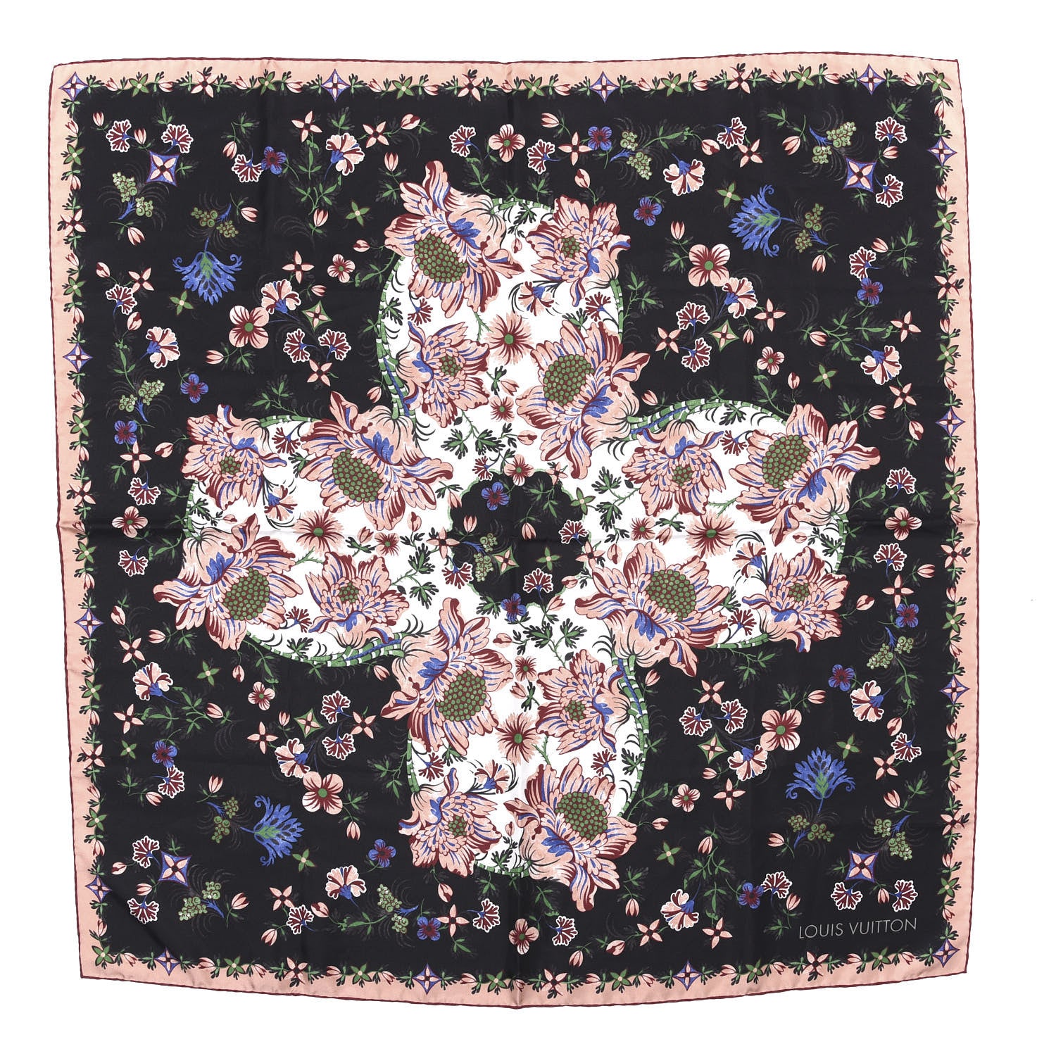 Louis Vuitton Silk Floral Square Scarf Black Pink 1 of 3