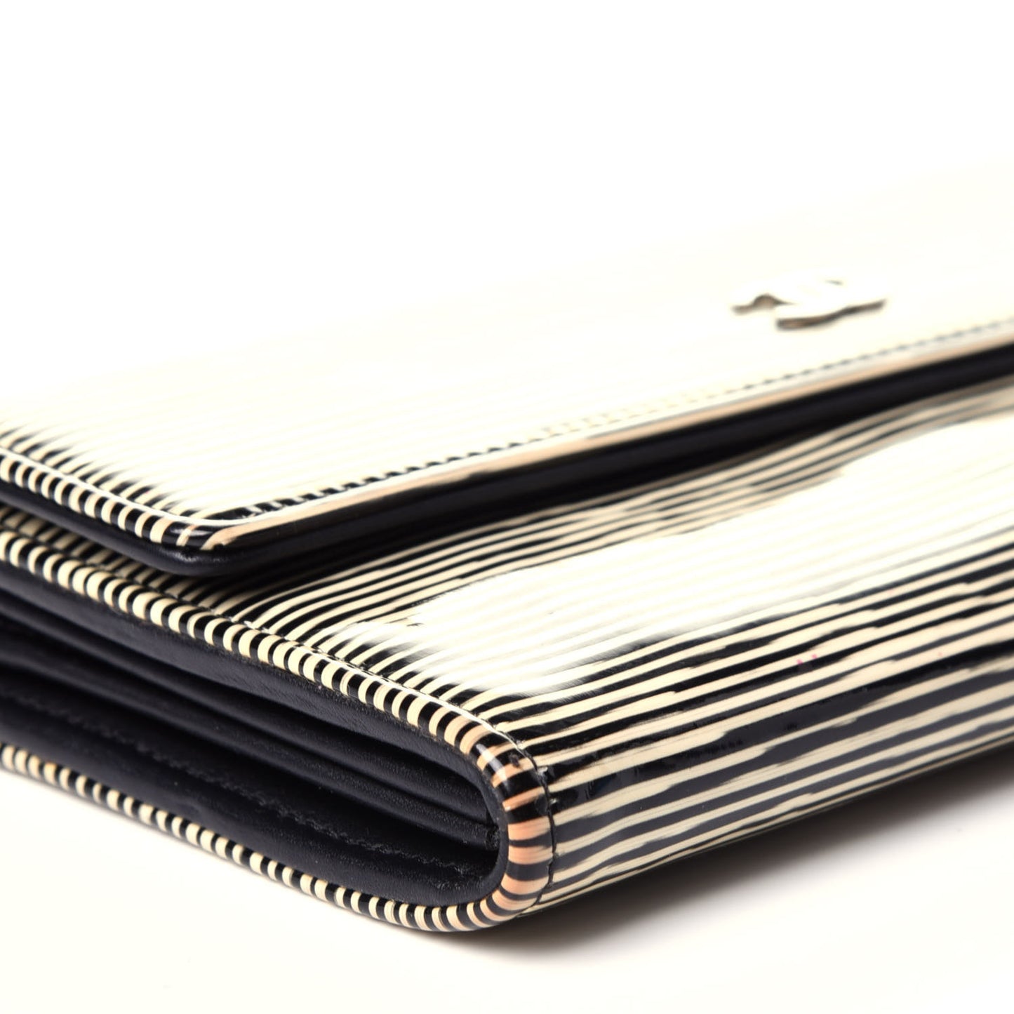 Patent Calfskin Striped Long Flap Wallet Black