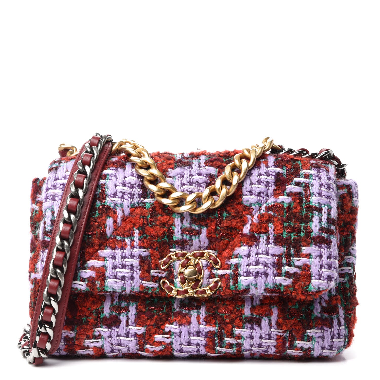 Chanel Tweed Quilted Medium Chanel 19 Flap Red Purple Green 1 of 11
