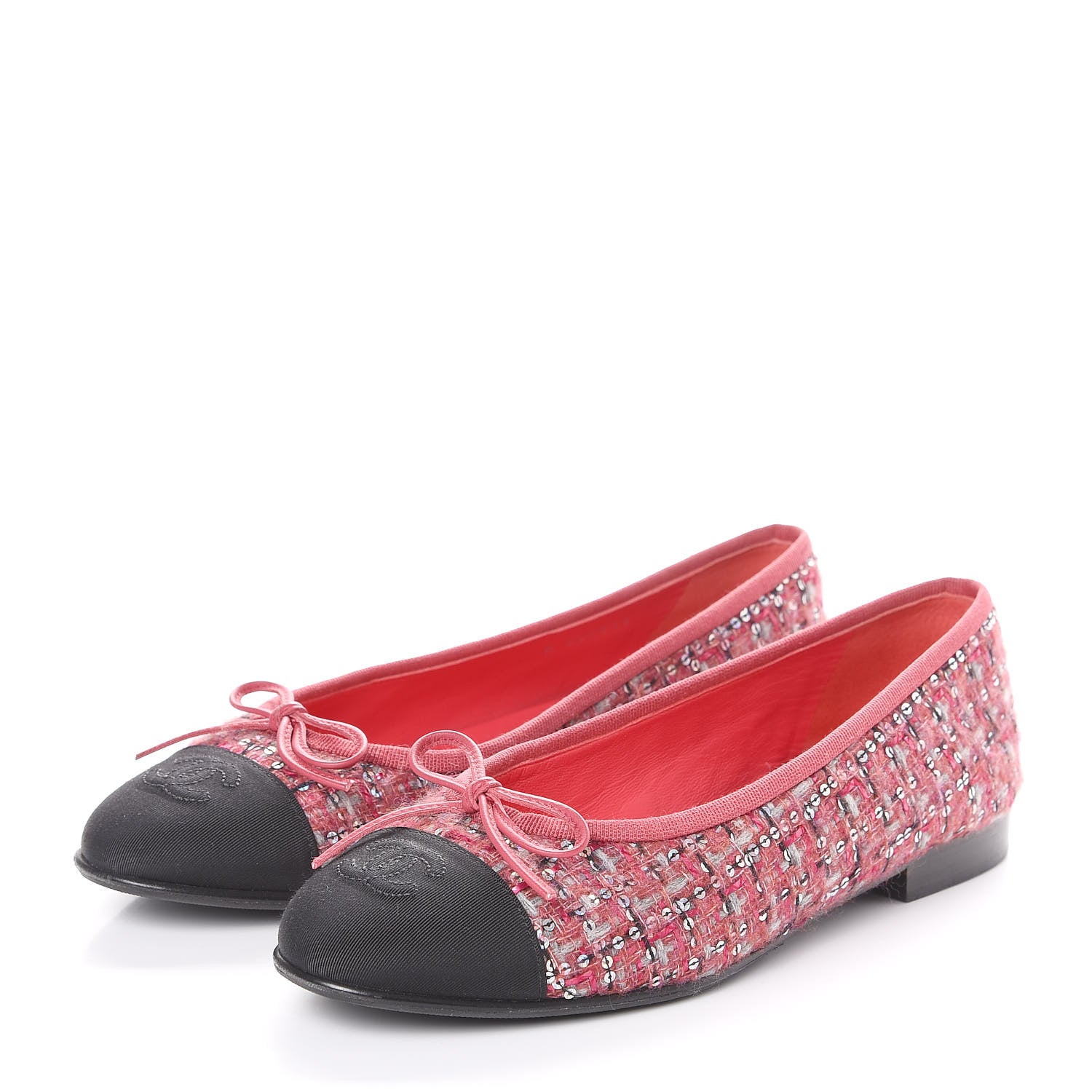Chanel Tweed Grosgrain Sequin Cap Toe Ballerina Flats 37.5 Pink Black 2 of 11