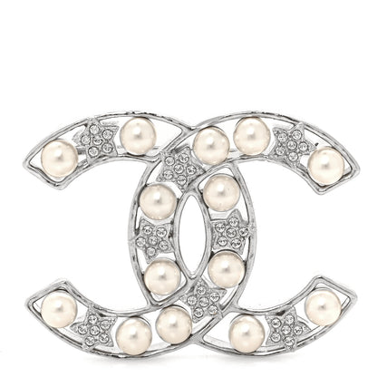 Chanel Pearl Crystal Star CC Brooch Silver 1 of 4