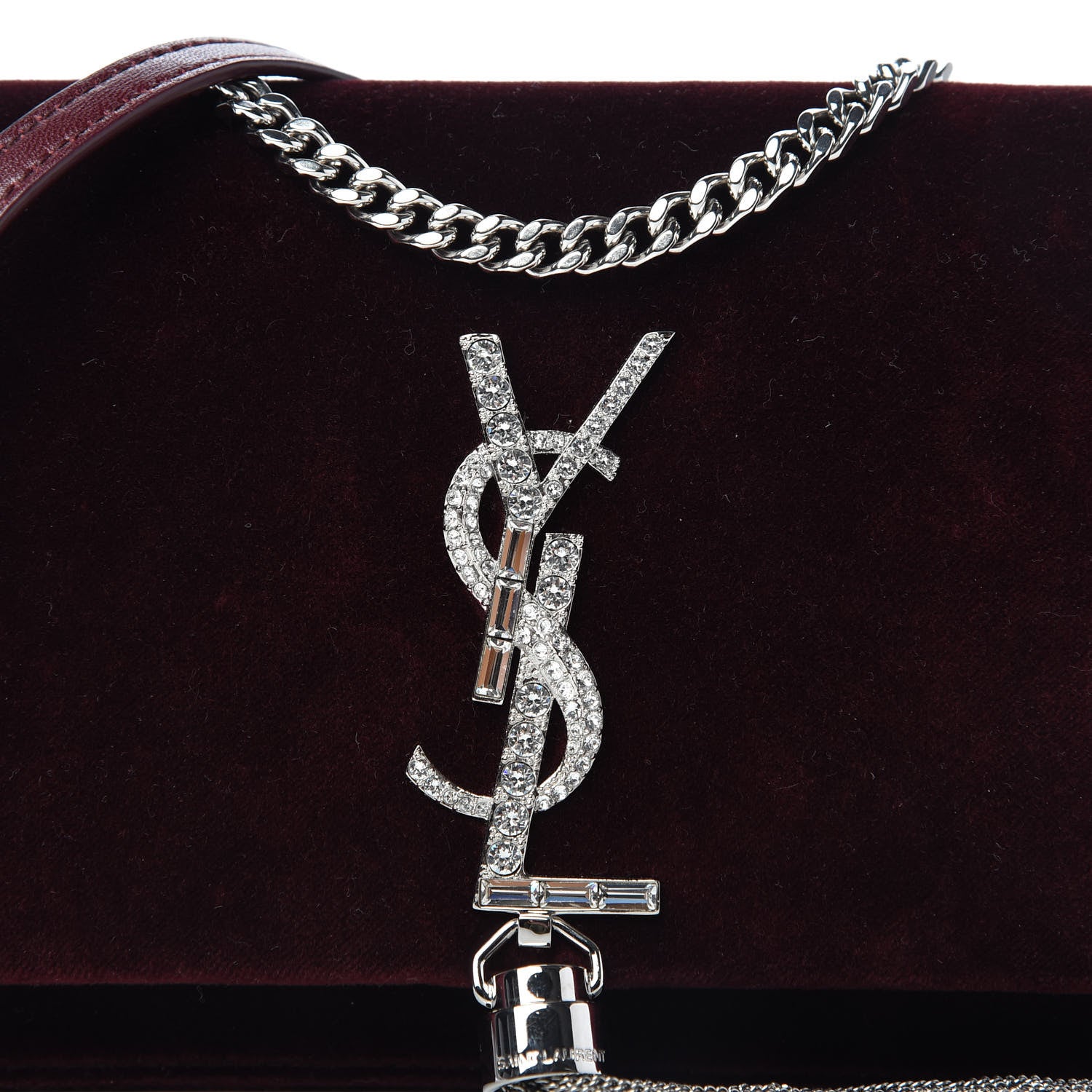 Saint Laurent Velvet Crystal Monogram Kate Tassel Shoulder Bag Burgundy 10 of 10