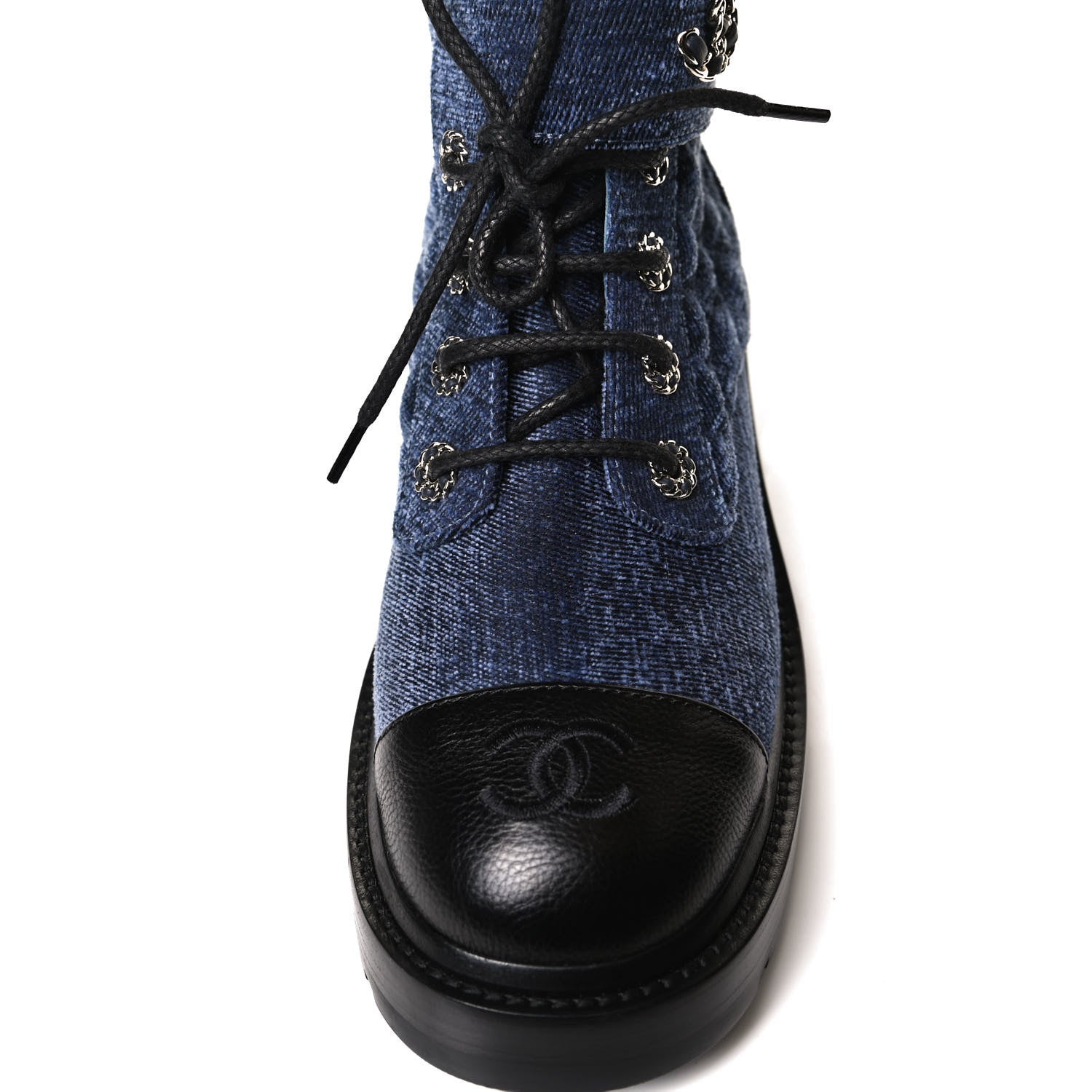 Chanel Shiny Calfskin Velvet Quilted Lace Up Combat Boots 39 Blue Black 12 of 14