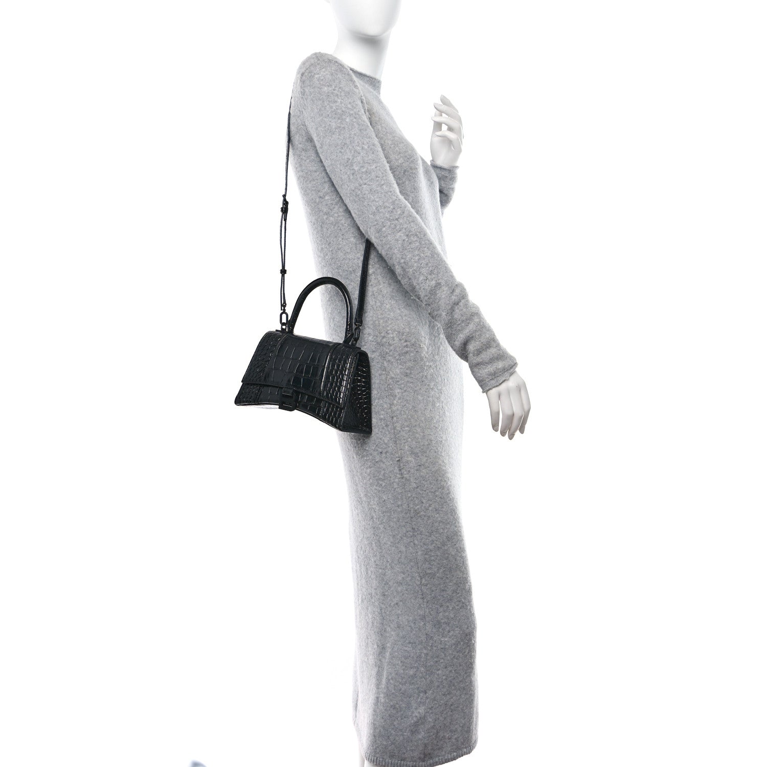 Balenciaga Shiny Calfskin Monochrome Crocodile Embossed Small Hourglass Top Handle Bag Black 2 of 14