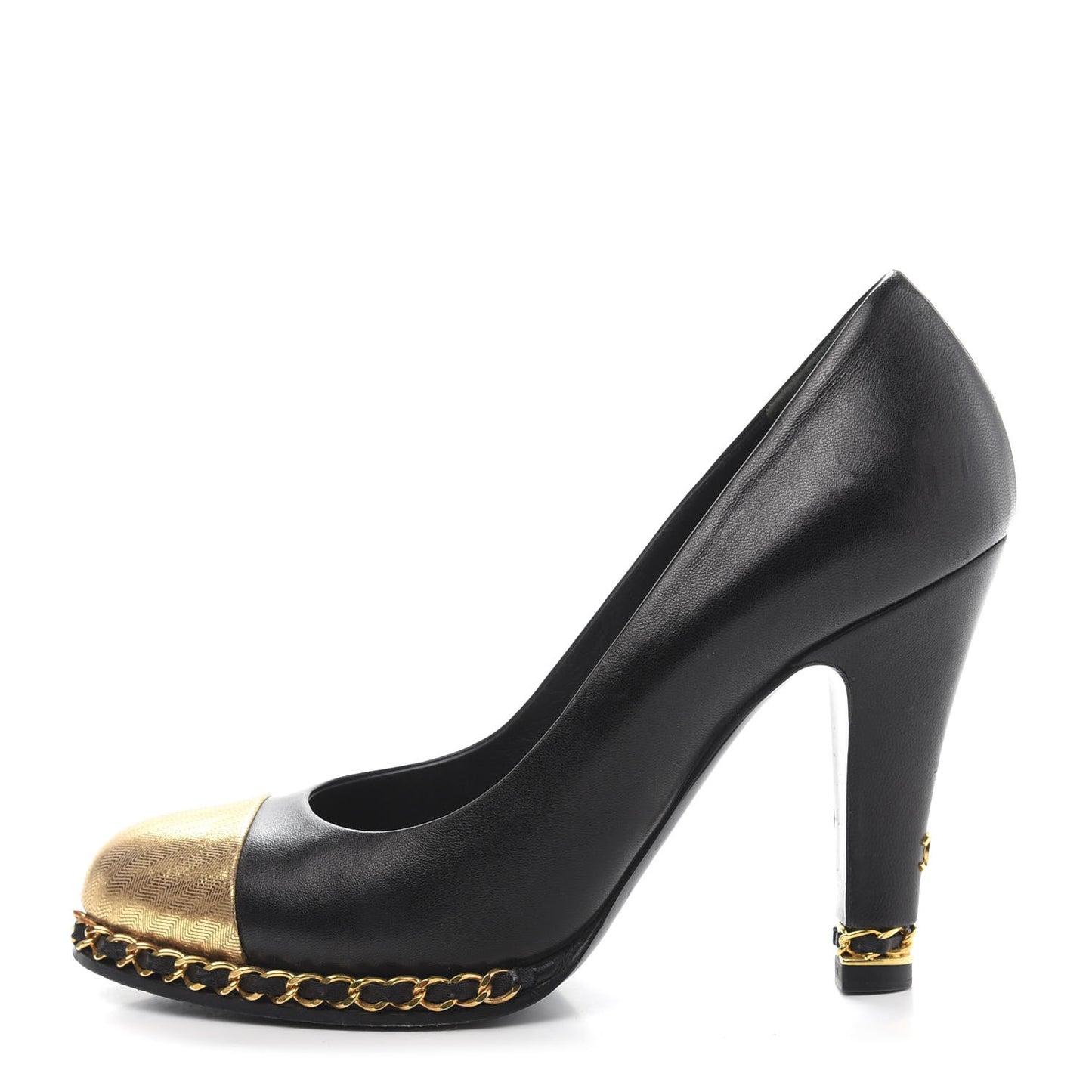 Lambskin Chain Around Cap Toe Pumps 37 Black Gold