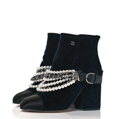 Chanel Velvet Satin Cap Cap Toe Short Boots 37 Navy Black 3 of 7