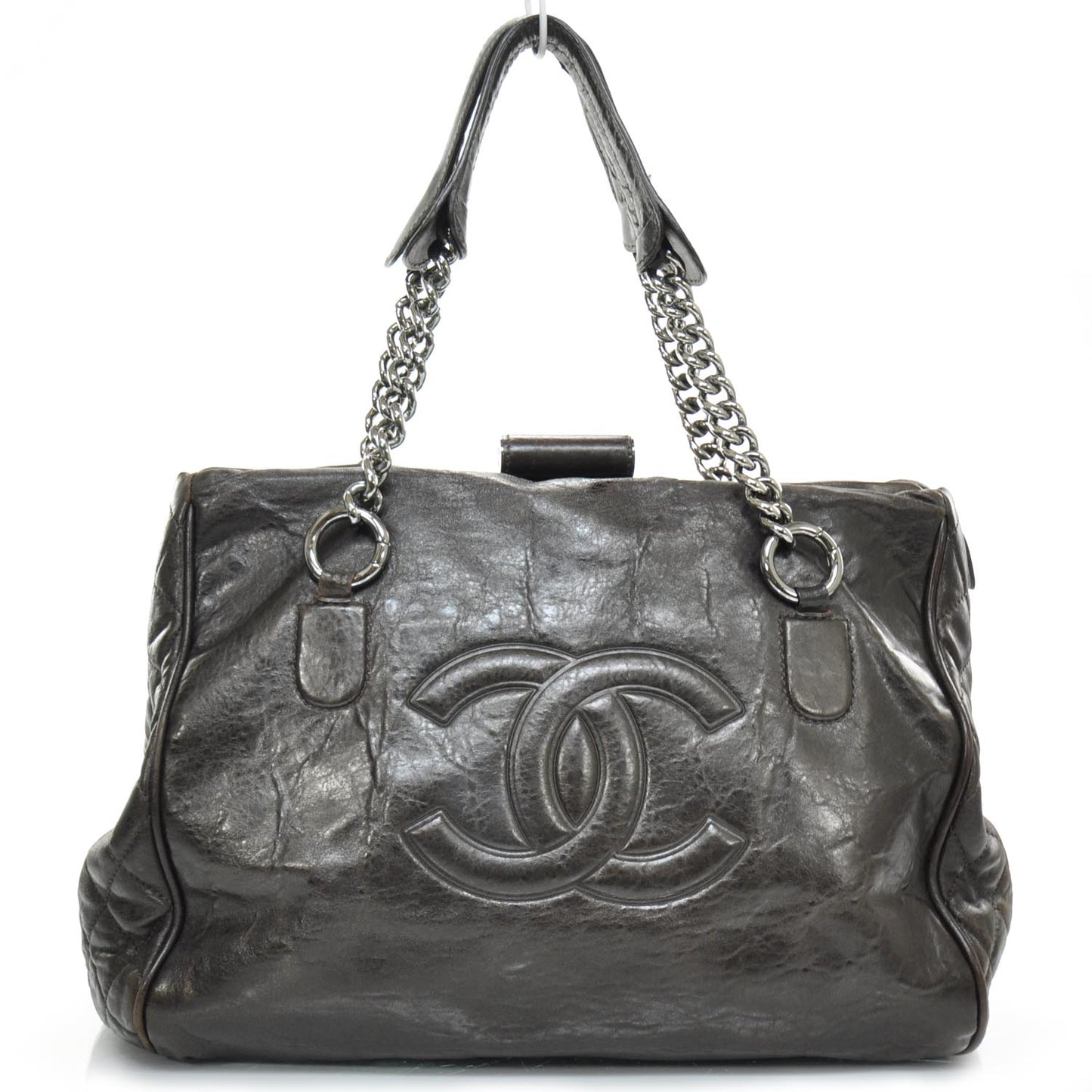 Leather Large Frame Tote Dark Brown