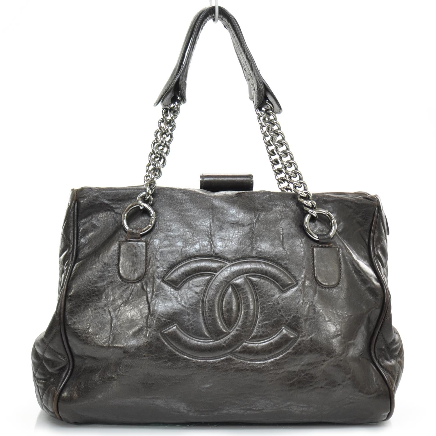 Chanel Leather Large Frame Tote Dark Brown 1 of 10