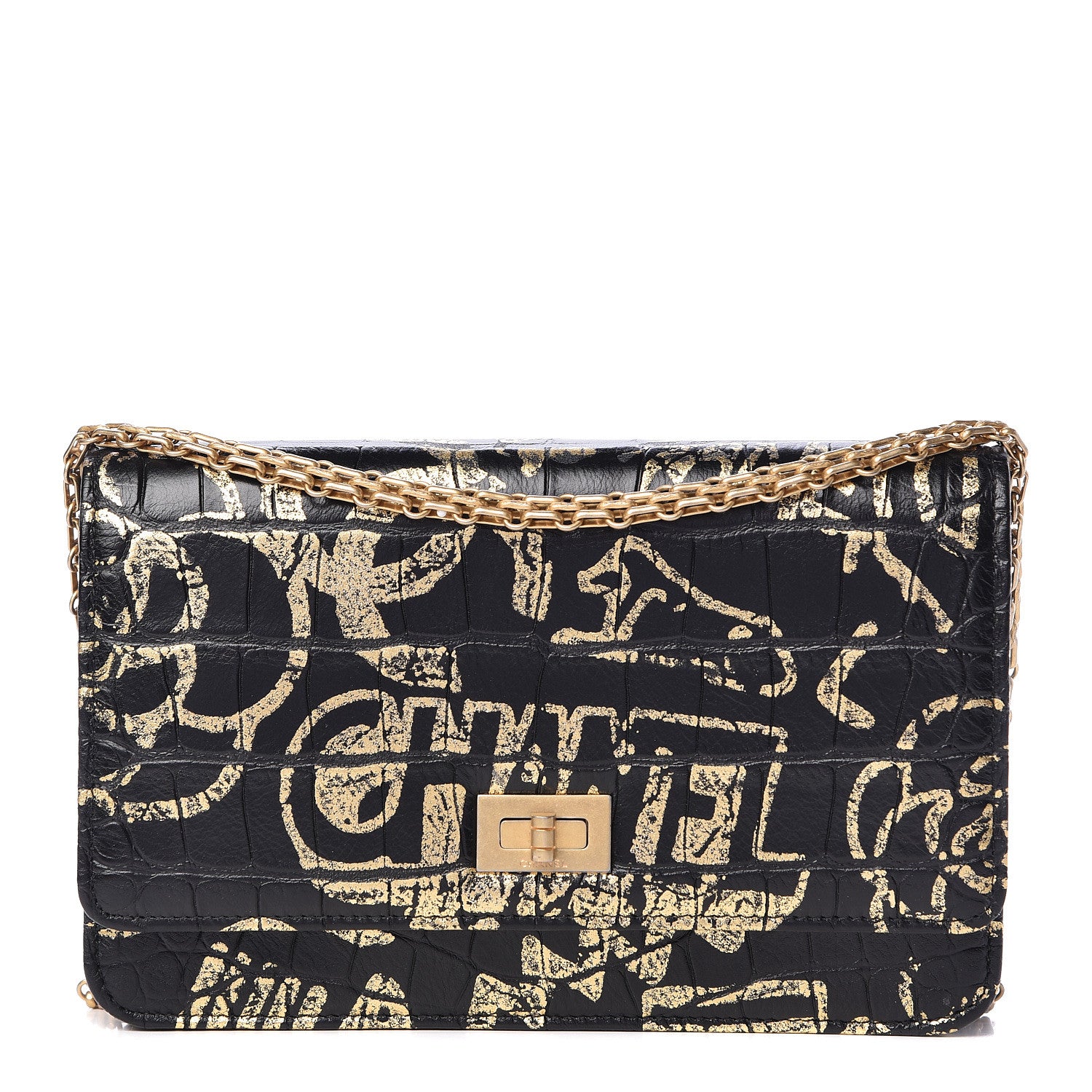 Chanel Calfskin Crocodile Embossed Graffiti 2.55 Cocodile Reissue Wallet On Chain WOC Black Gold 1 of 12