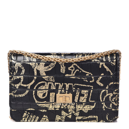 Chanel Calfskin Crocodile Embossed Graffiti 2.55 Cocodile Reissue Wallet On Chain WOC Black Gold 1 of 12