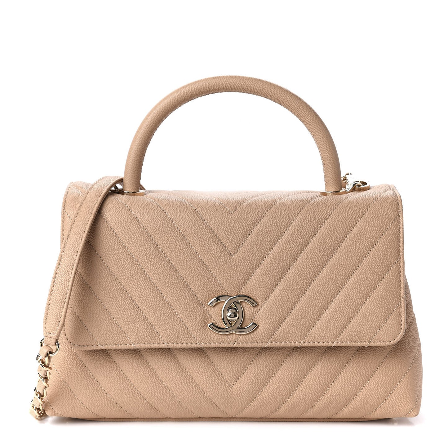 Caviar Chevron Quilted Small Coco Handle Flap Beige