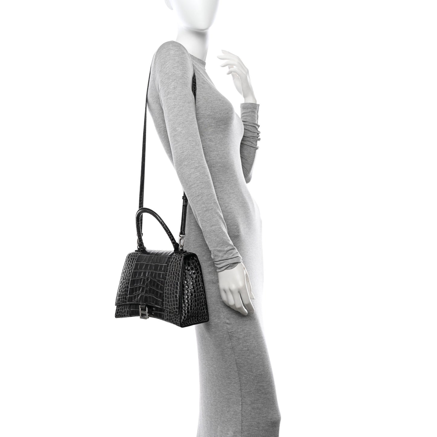 Shiny Calfskin Crocodile Embossed Medium Hourglass Top Handle Bag Dark Grey