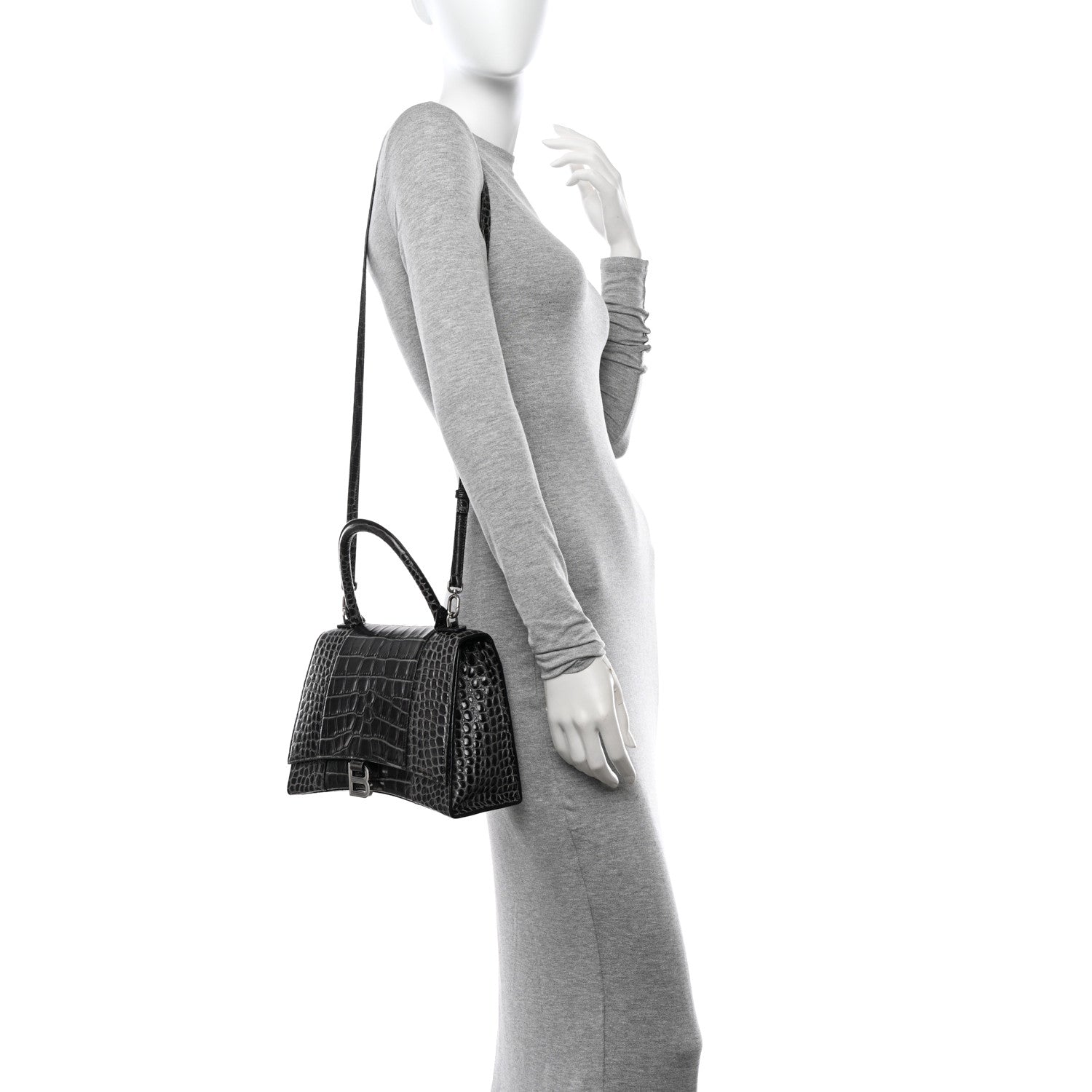 Balenciaga Shiny Calfskin Crocodile Embossed Medium Hourglass Top Handle Bag Dark Grey 2 of 18