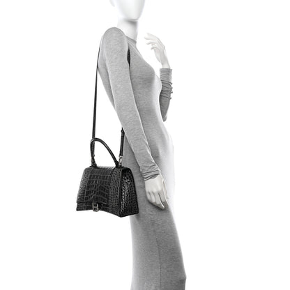 Balenciaga Shiny Calfskin Crocodile Embossed Medium Hourglass Top Handle Bag Dark Grey 2 of 18