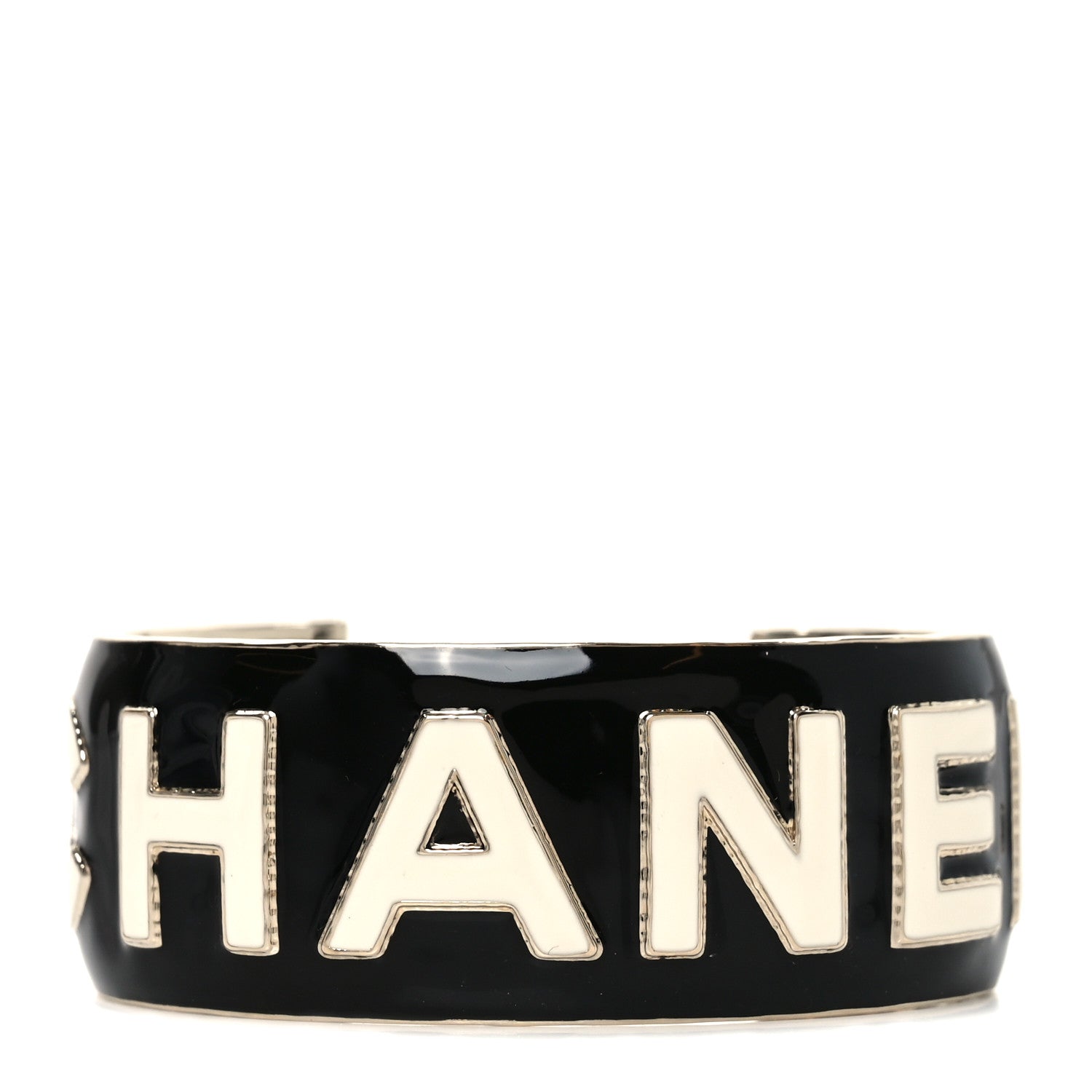 Chanel Metal Enamel Wide Chanel Logo Cuff Bracelet M Black White 1 of 4