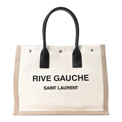 Saint Laurent Linen Calfskin Small Rive Gauche Tote Greggio Natural 1 of 10