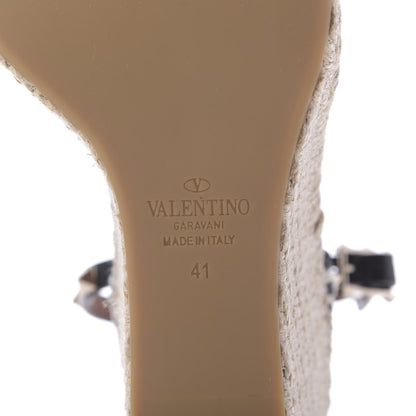 Valentino Garavani Grained Calfskin Rockstud Ankle Strap Espadrille 15/105mm Wedge Sandals 41 Black Light Cuir Natural 8 of 8