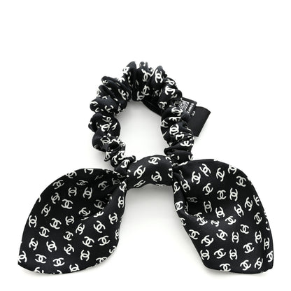 Chanel Silk Twill CC Scarf Hair Tie Black White 1 of 6
