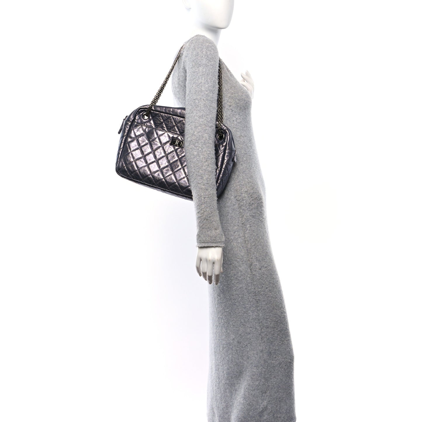 Metallic Aged Calfskin Quilted Large Reissue Camera Case Silver