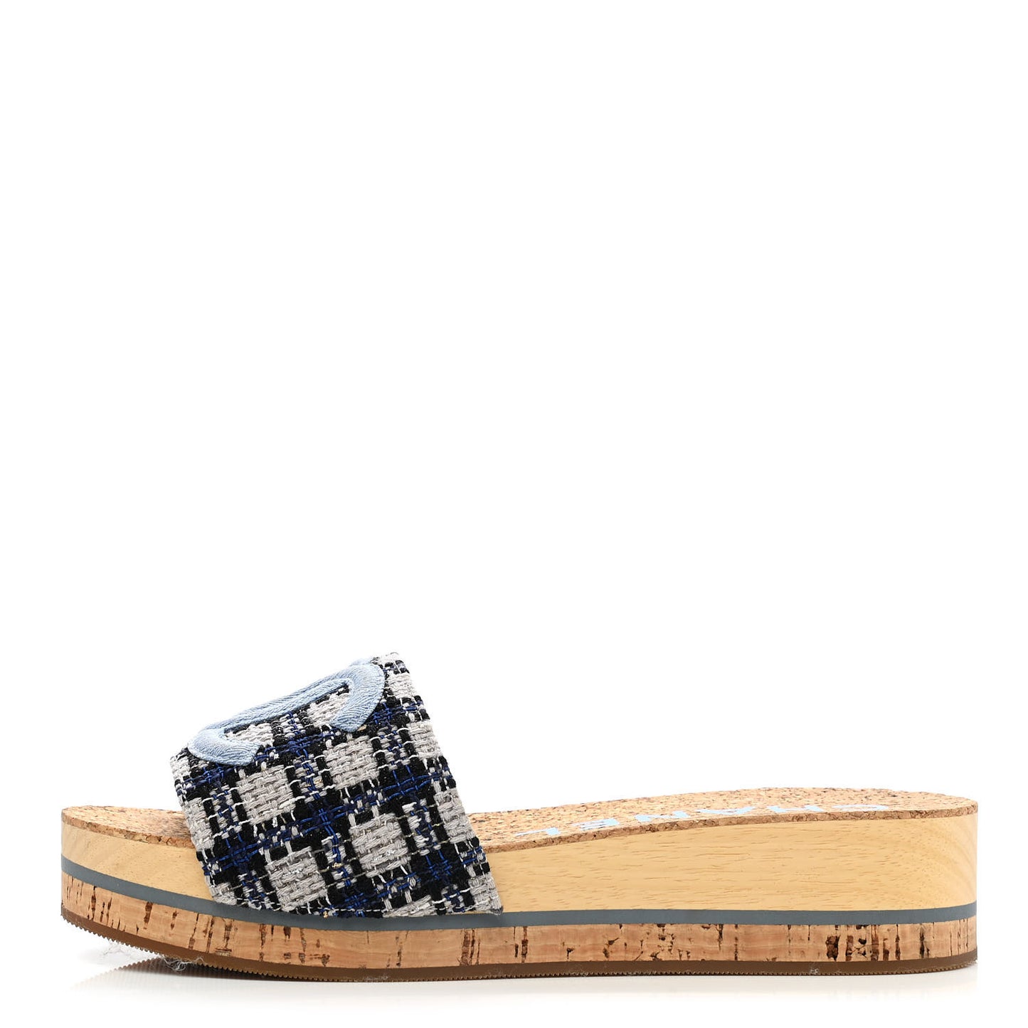 Tweed Mixed Fibers Cork CC Mule Sandal 37 Navy Blue White Blue