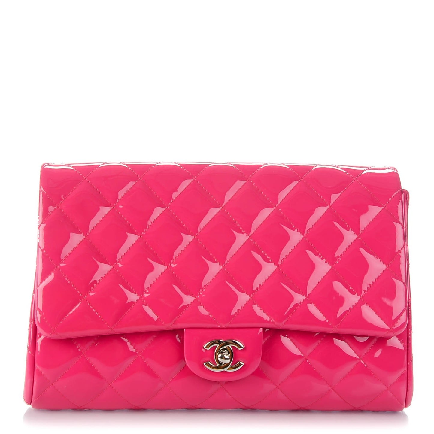 Patent Calfskin Quilted Clutch With Chain Flap Fuchsia