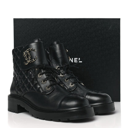 Chanel Shiny Goatskin Calfskin Quilted Lace Up Combat Boots 41 Black 8 of 8