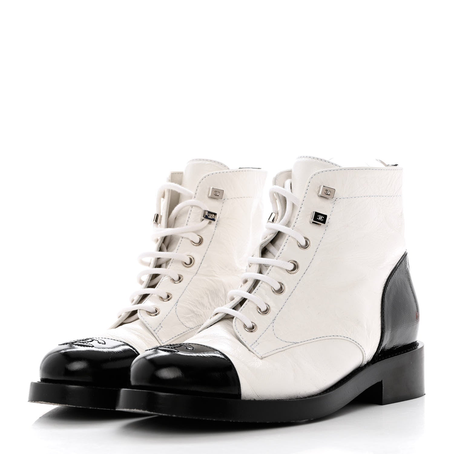Chanel Distressed Patent Cap Toe Combat Boots 37 White Black 3 of 8