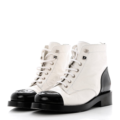 Chanel Distressed Patent Cap Toe Combat Boots 37 White Black 3 of 8