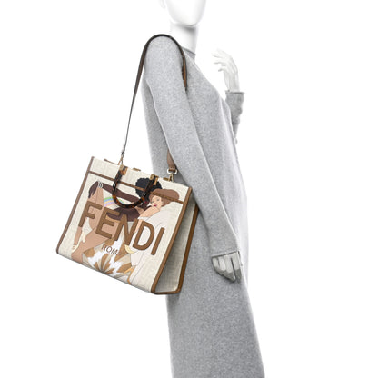Fendi Glazed Fabric Plexiglass FF Logo Bikini Girls Medium Fendi Sunshine Shopper Tote Bianco Perla Multicolor Miele Scuro 2 of 12