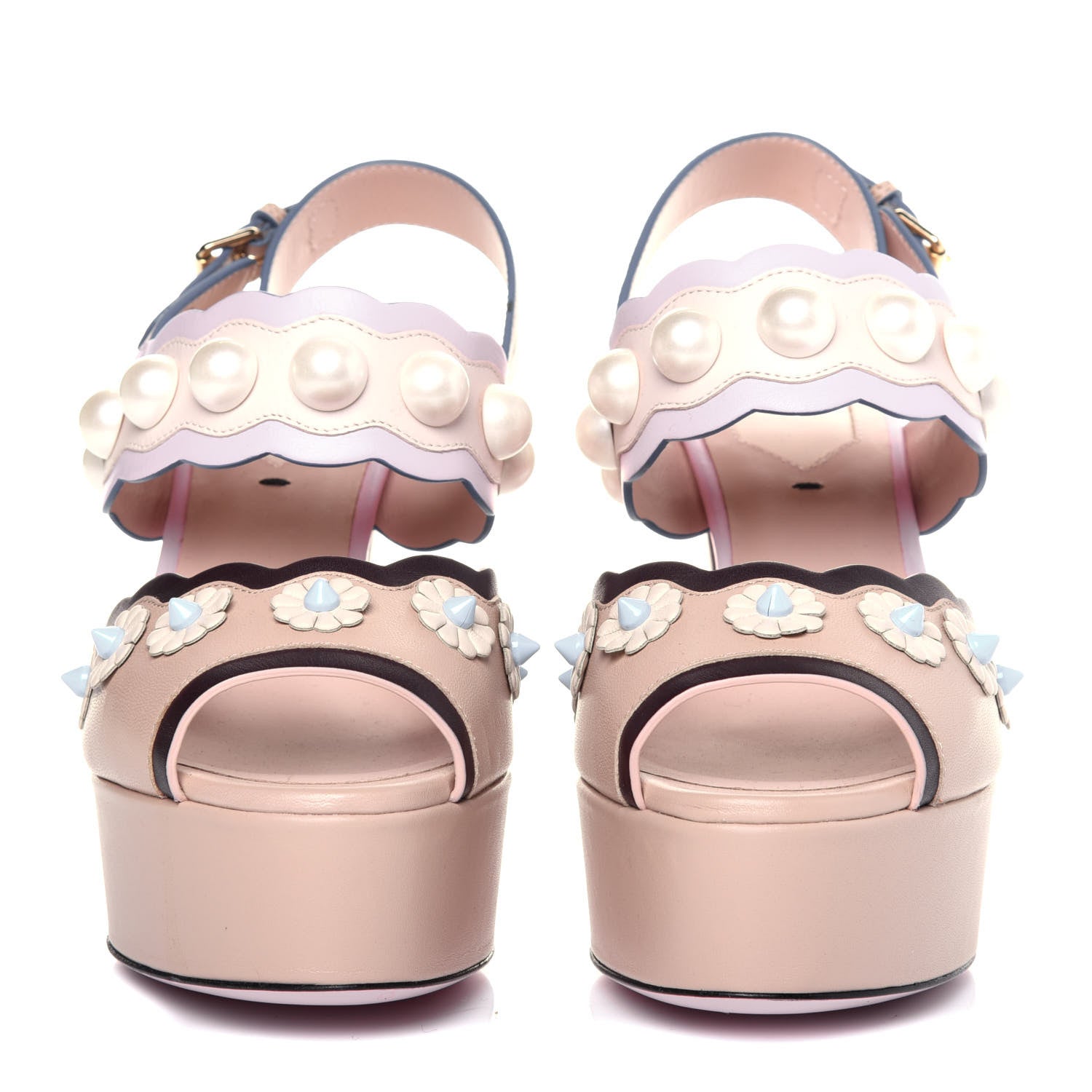Fendi Calfskin Scalloped Pearl Studded Flower Embellished Platform Sandals 35 Beige Multicolor 2 of 14