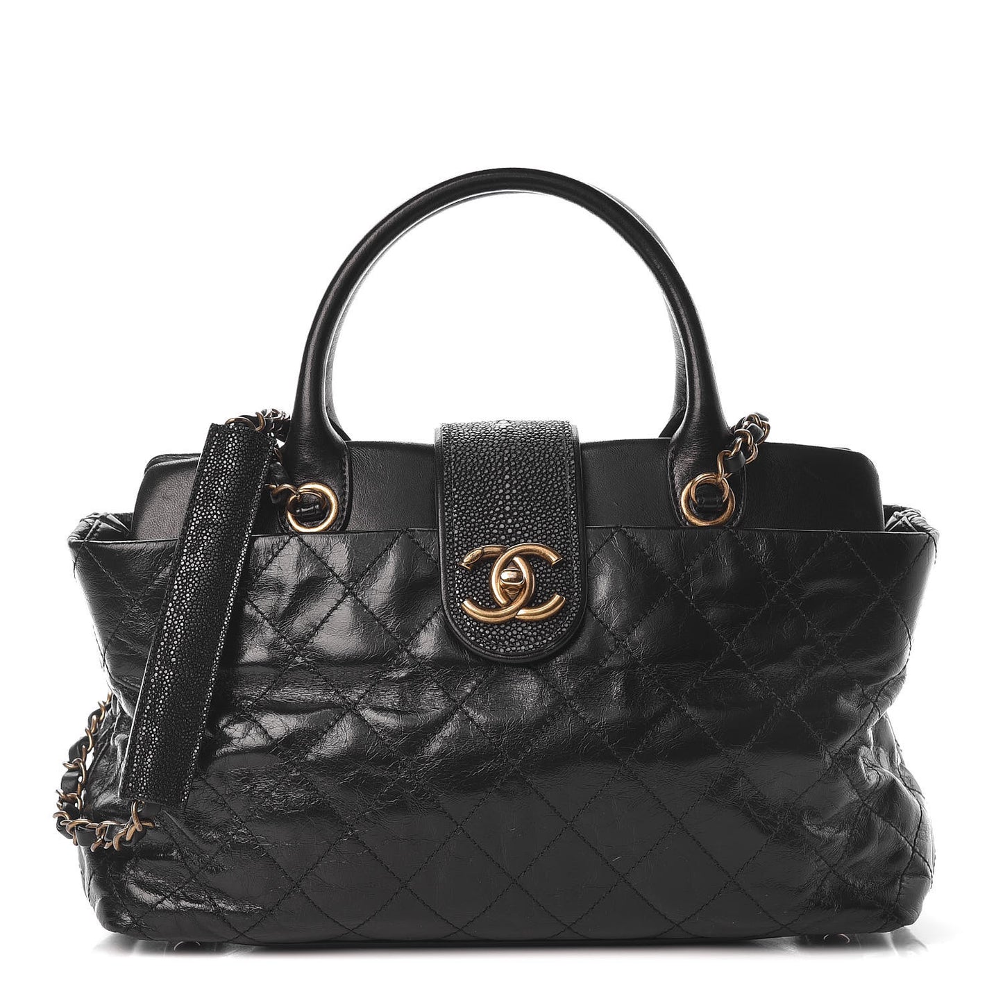 Glazed Calfskin Stingray Bindi CC Tote Black